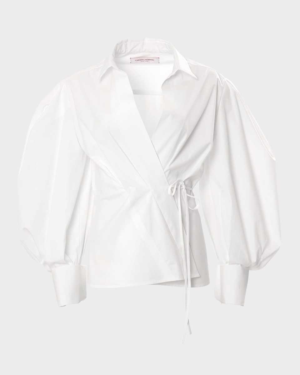 Collared Puff-Sleeve French-Cuff Wrap Top